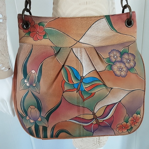ANUSCHKA Anna Hand-Painted 100% Leather Hobo Butterfly Floral Crossbody Handbag - Picture 3 of 12
